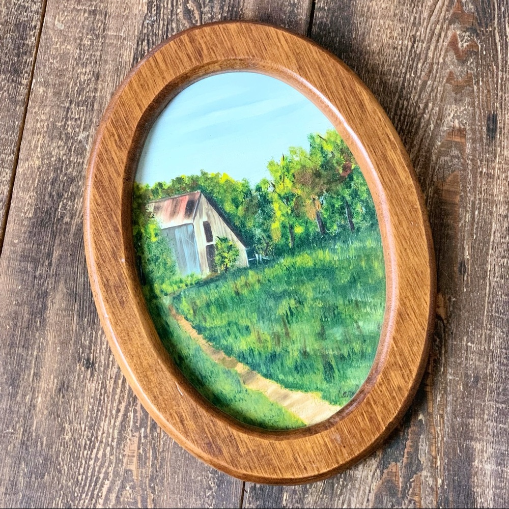 Vintage original painting “ path to the barn” oval oak frame 13 1/4” x 9 5/8”